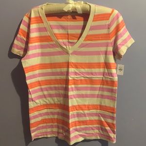 GAP Pink & Orange Stripe V-neck Tee NWT